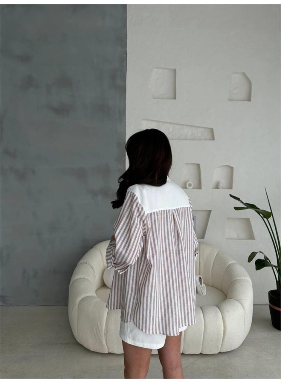 GABARDİN ŞORT - GABARDİN - ÇİZGİLİ KETEN GARNİLİ CEKET TAKIM - Kahverengi