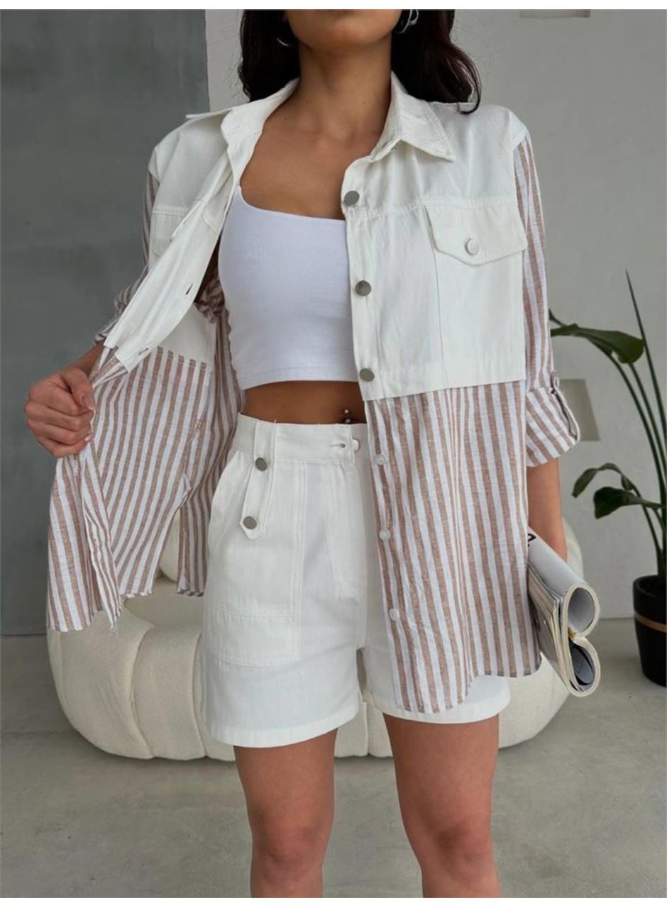 GABARDİN ŞORT - GABARDİN - ÇİZGİLİ KETEN GARNİLİ CEKET TAKIM - Kahverengi