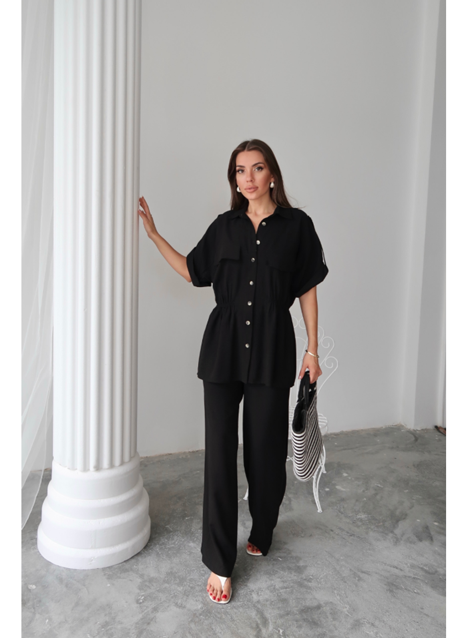 KETEN BELDEN BÜZGÜ DETAYLI GÖMLEK - PANTOLON TAKIM - Siyah