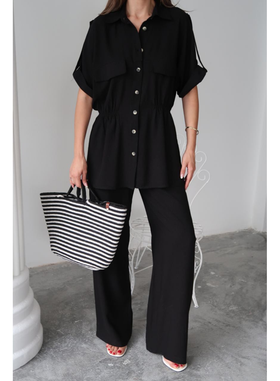 KETEN BELDEN BÜZGÜ DETAYLI GÖMLEK - PANTOLON TAKIM - Siyah