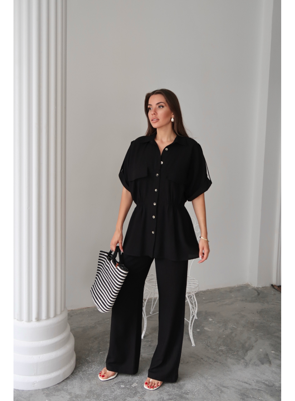 KETEN BELDEN BÜZGÜ DETAYLI GÖMLEK - PANTOLON TAKIM - Siyah