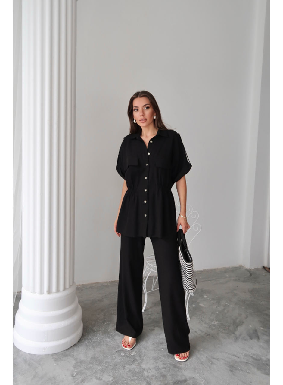 KETEN BELDEN BÜZGÜ DETAYLI GÖMLEK - PANTOLON TAKIM - Siyah