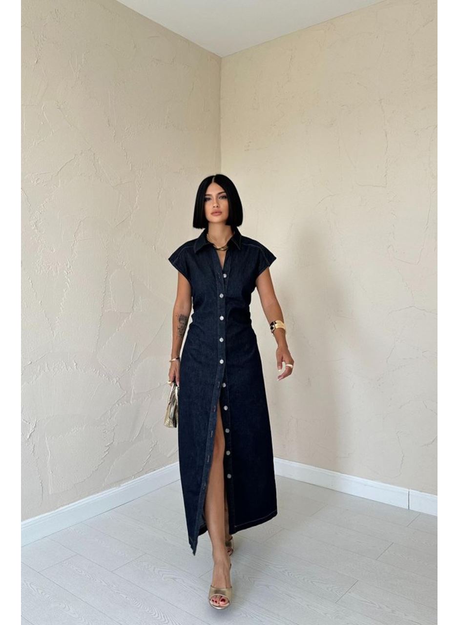 Mavi Kolsuz Vatkalı Elbise