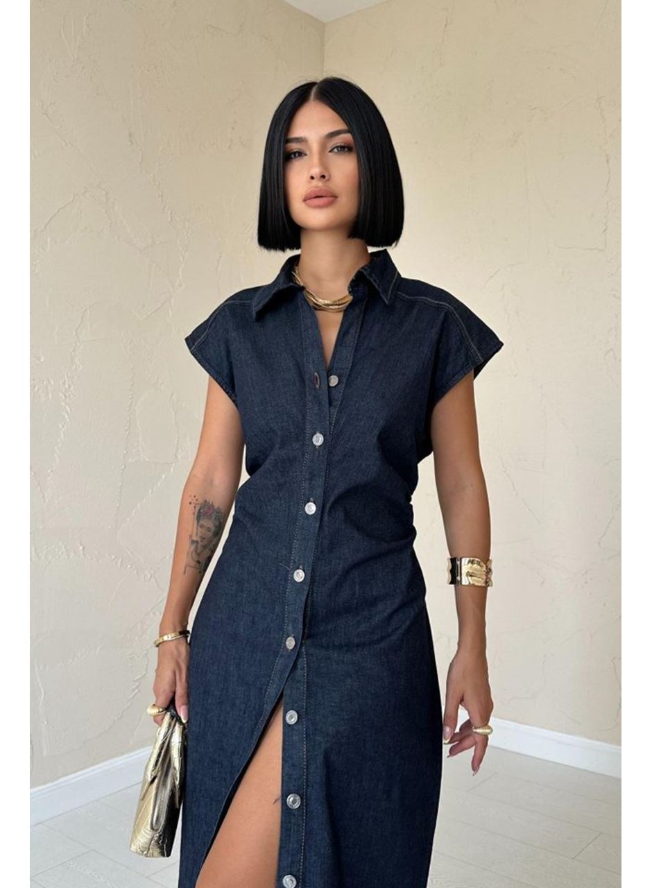 Mavi Kolsuz Vatkalı Elbise