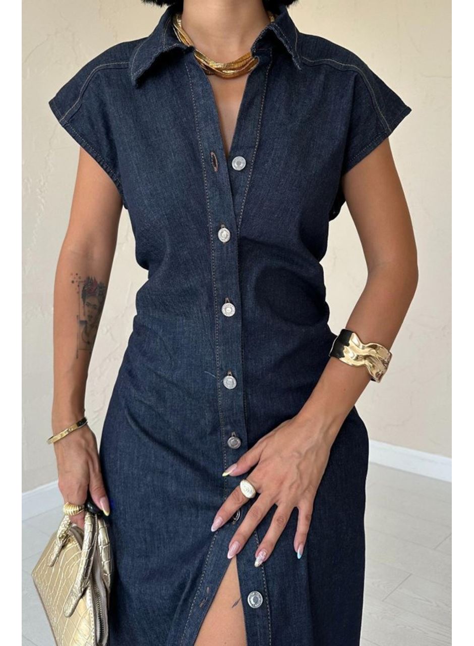 Mavi Kolsuz Vatkalı Elbise