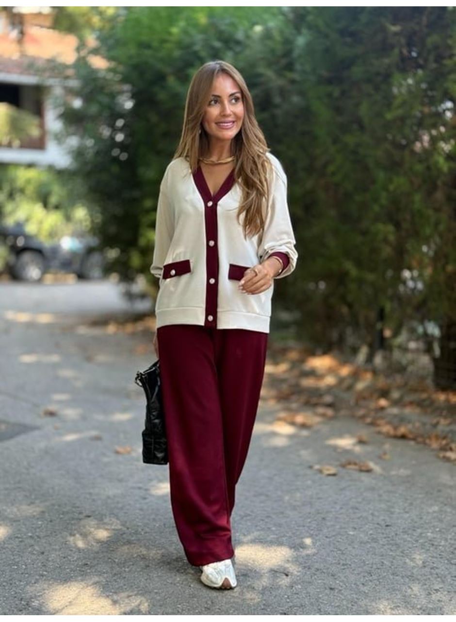 Kadın Uzun Kollu Ribanali Cep Detay Hırka Ve Bol Paça Pantolon Ikili Takım