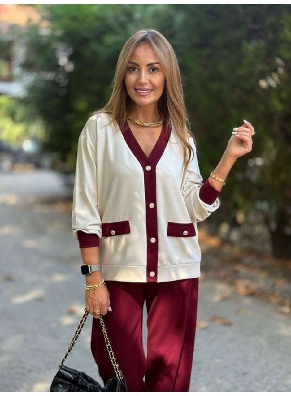 Kadın Uzun Kollu Ribanali Cep Detay Hırka Ve Bol Paça Pantolon Ikili Takım