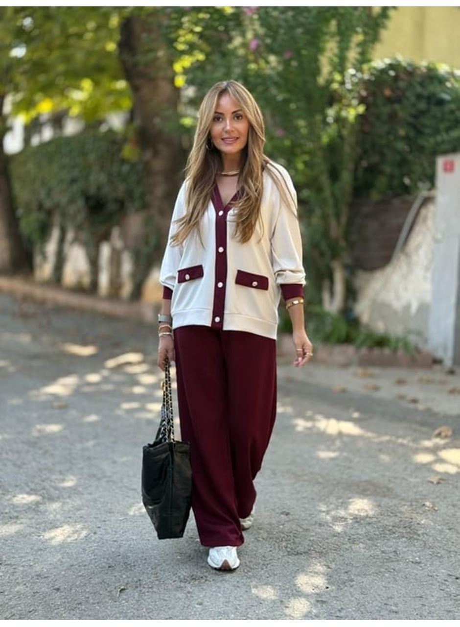 Kadın Uzun Kollu Ribanali Cep Detay Hırka Ve Bol Paça Pantolon Ikili Takım