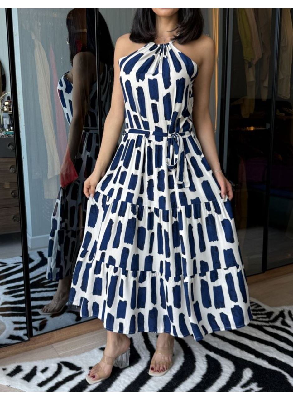 Kadın Viskon Kumaş Ip Askılı Halter Yaka Cepli Midi Boy Elbise