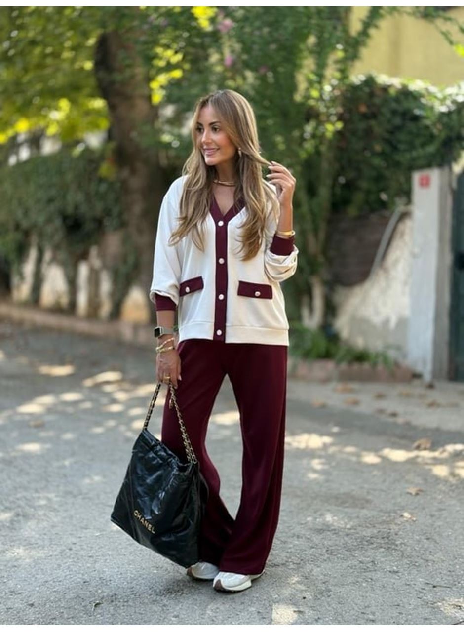 Kadın Uzun Kollu Ribanali Cep Detay Hırka Ve Bol Paça Pantolon Ikili Takım