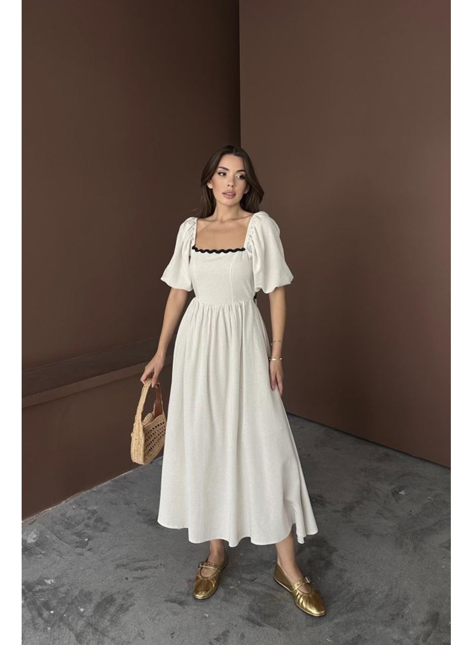 Bej Arkası Bağlamalı Keten Elbise