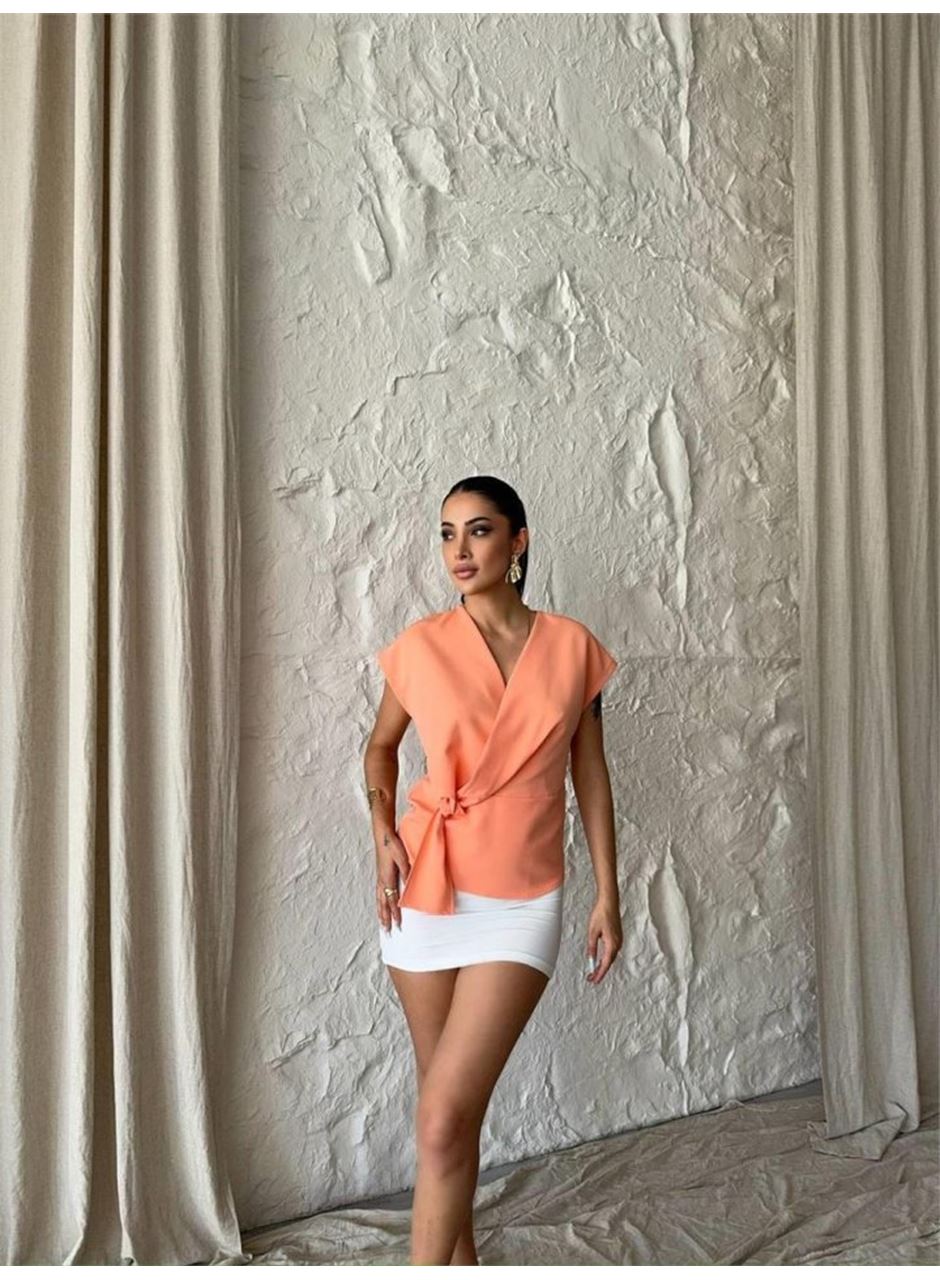 YANDAN BAĞLAMA DETAYLI KOLSUZ BLUZ - Somon