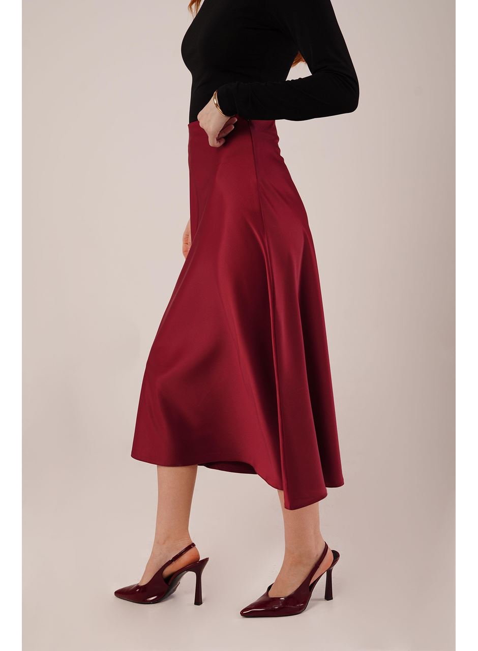 Çan Kesim Midi Bordo Saten Etek