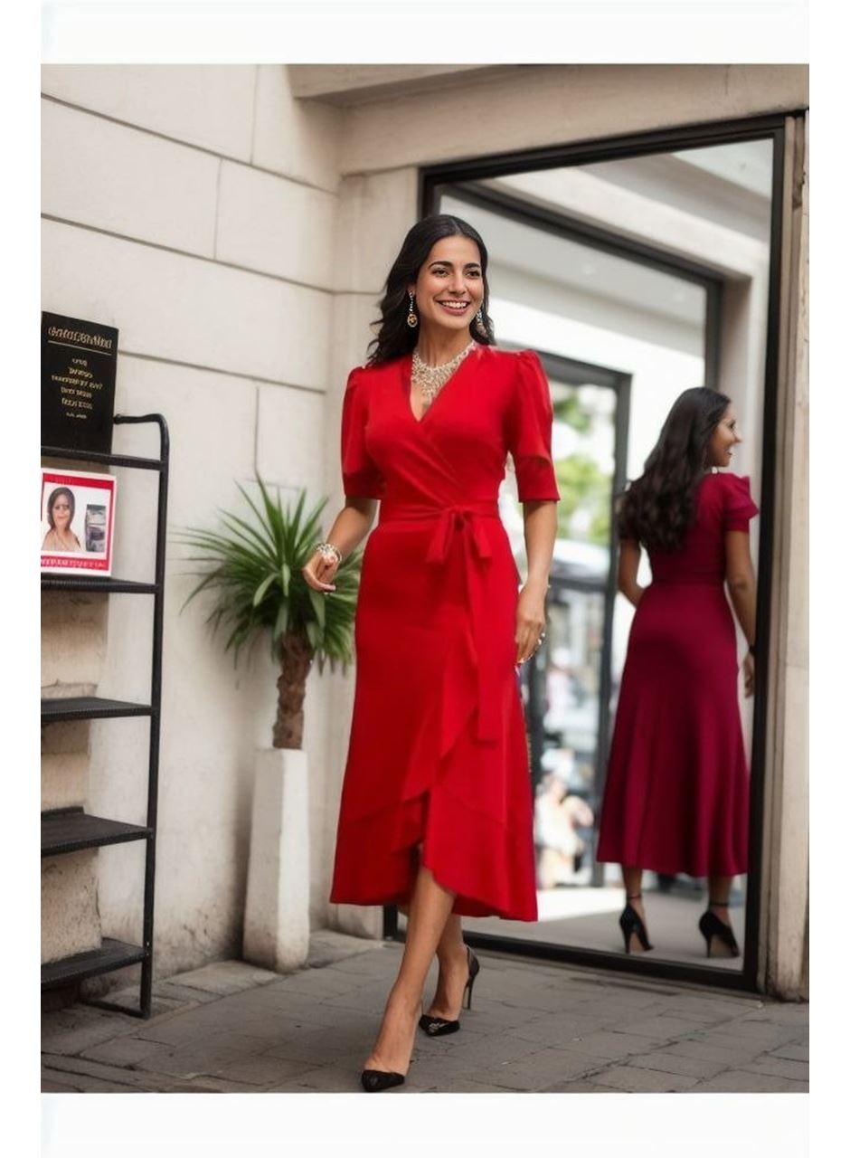 Kadın Kruvaze Yaka Midi Boy Kuşaklı Krep Elbise 120 Cm