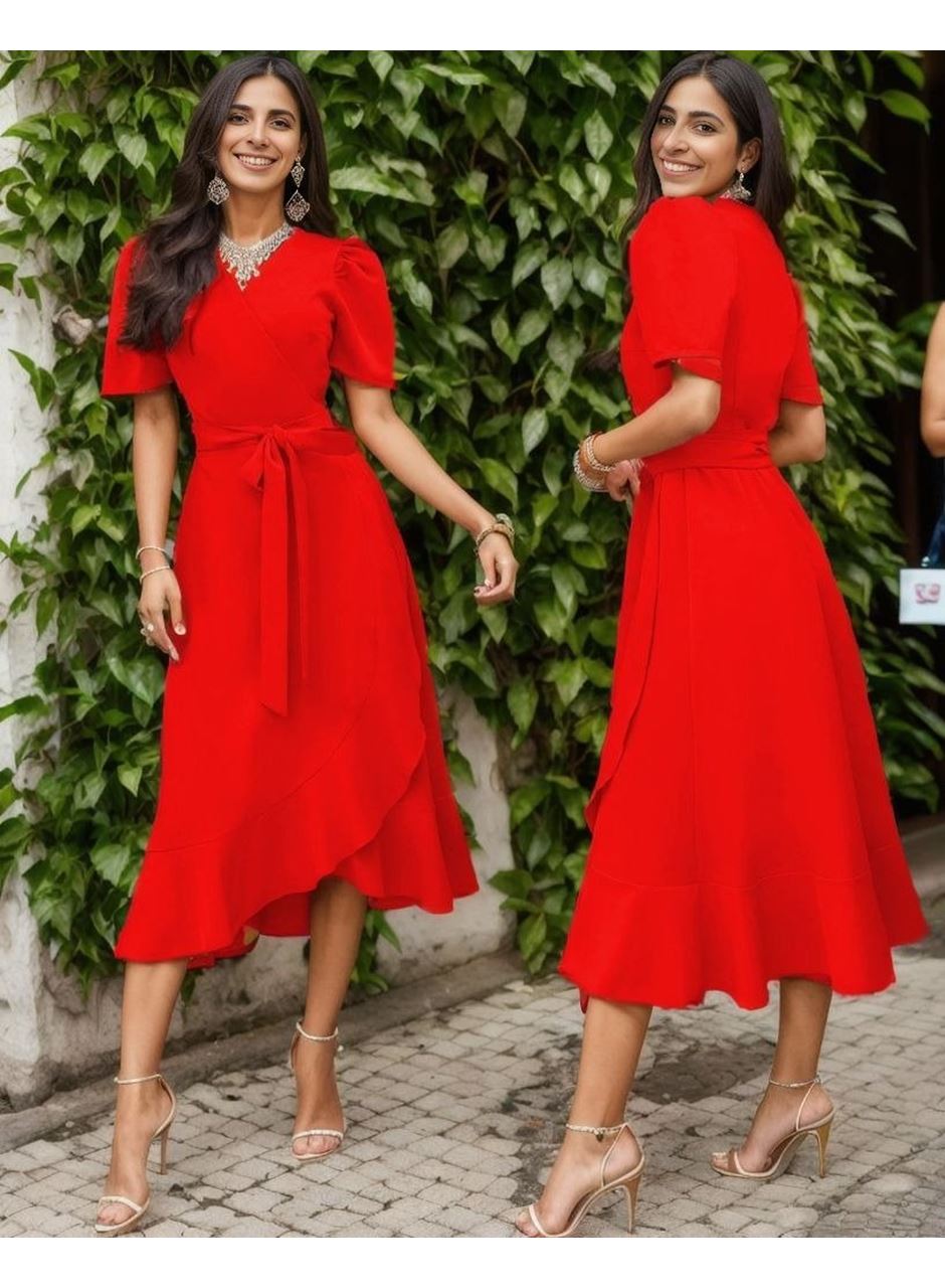 Kadın Kruvaze Yaka Midi Boy Kuşaklı Krep Elbise 120 Cm