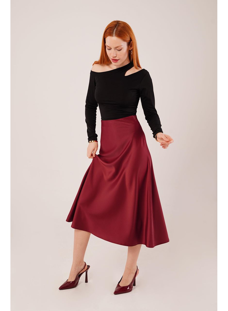 Çan Kesim Midi Bordo Saten Etek