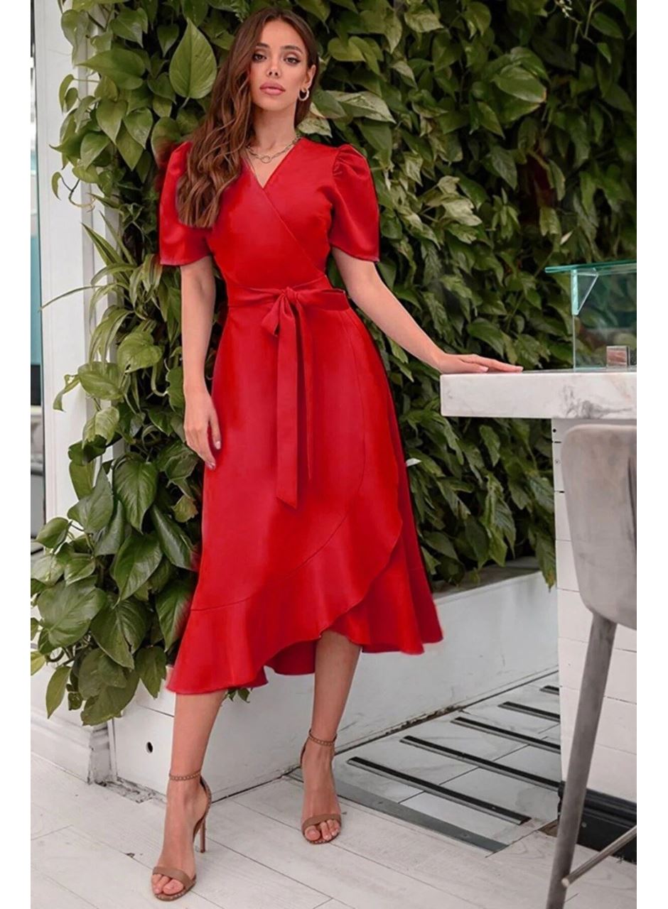 Kadın Kruvaze Yaka Midi Boy Kuşaklı Krep Elbise 120 Cm
