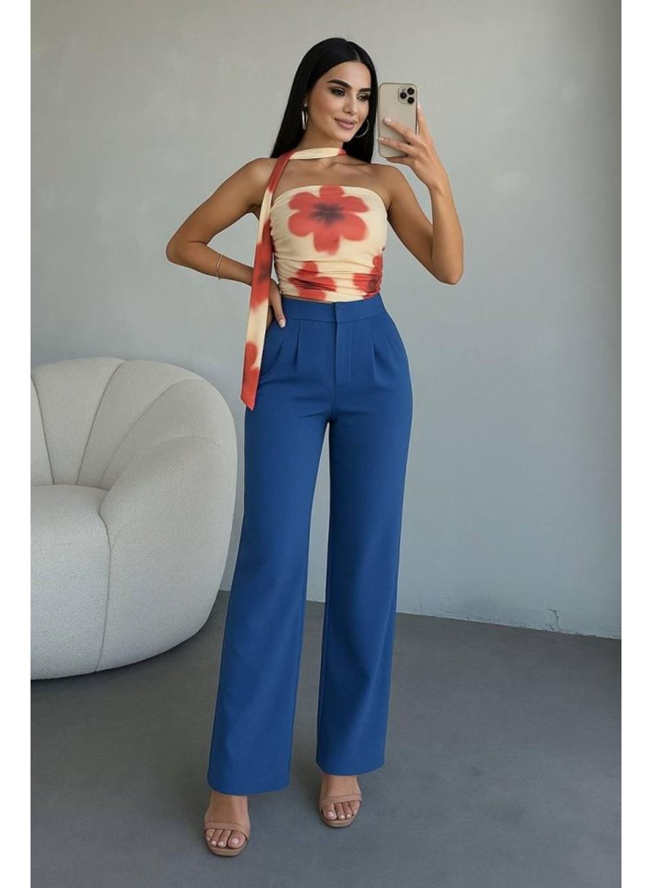 Kadın Yüksek Bel Plise Detay Bol Paça Pantolon