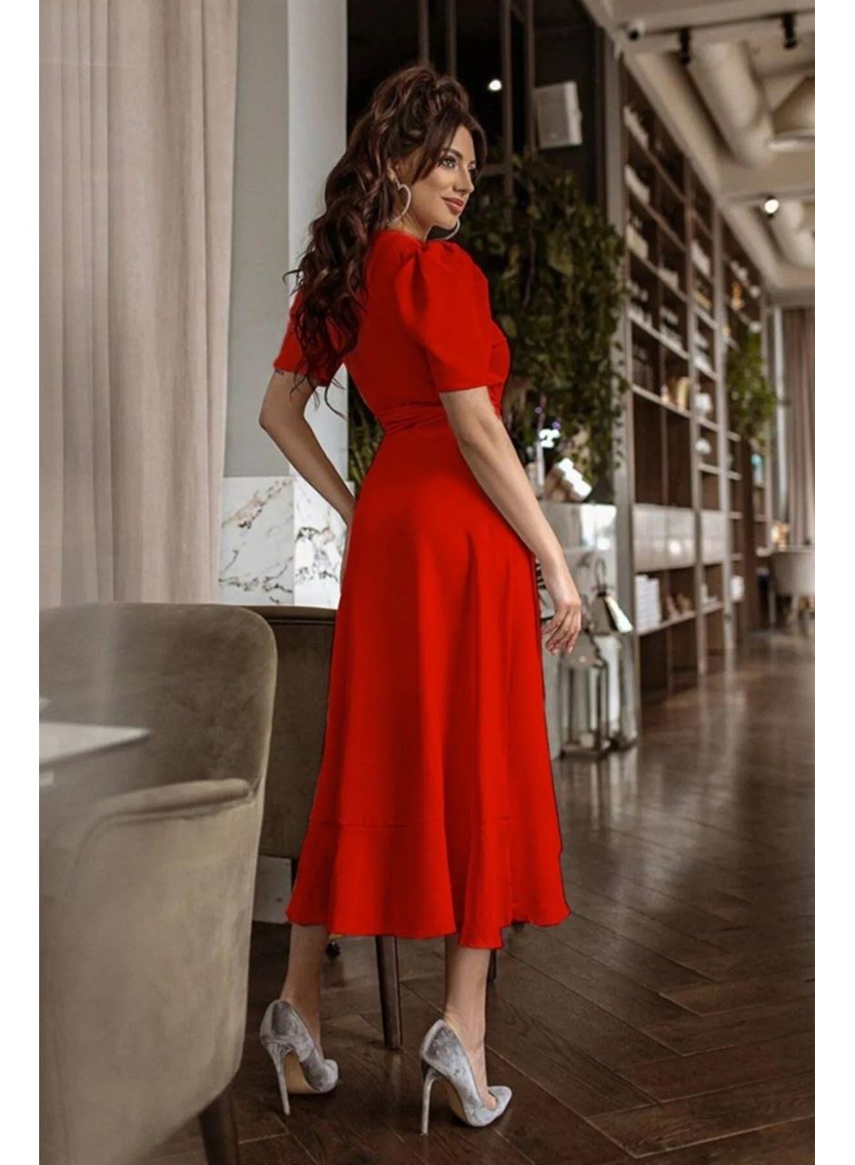 Kadın Kruvaze Yaka Midi Boy Kuşaklı Krep Elbise 120 Cm