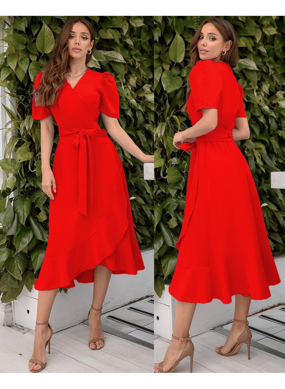 Kadın Kruvaze Yaka Midi Boy Kuşaklı Krep Elbise 120 Cm