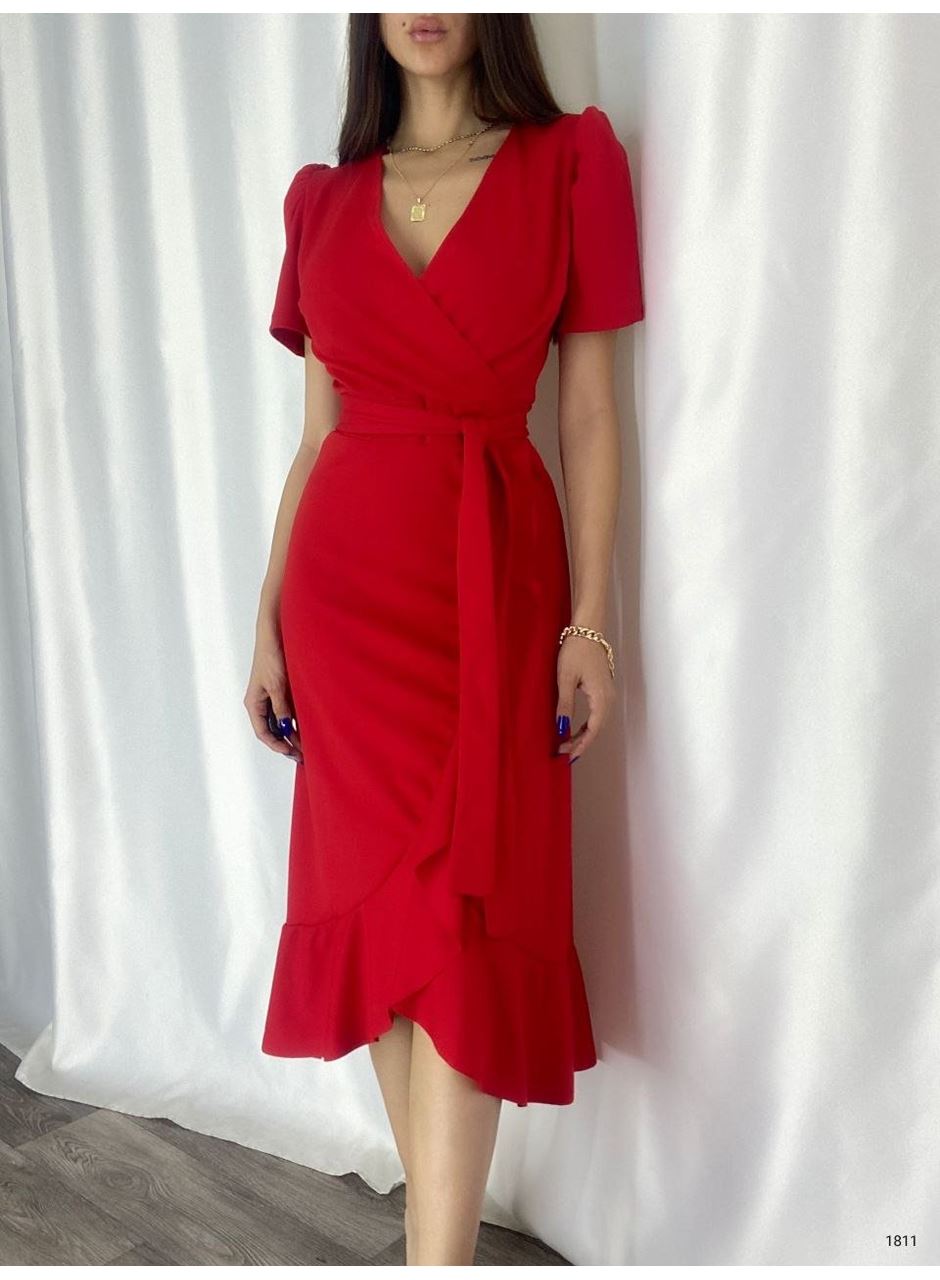 Kadın Kruvaze Yaka Midi Boy Kuşaklı Krep Elbise 120 Cm