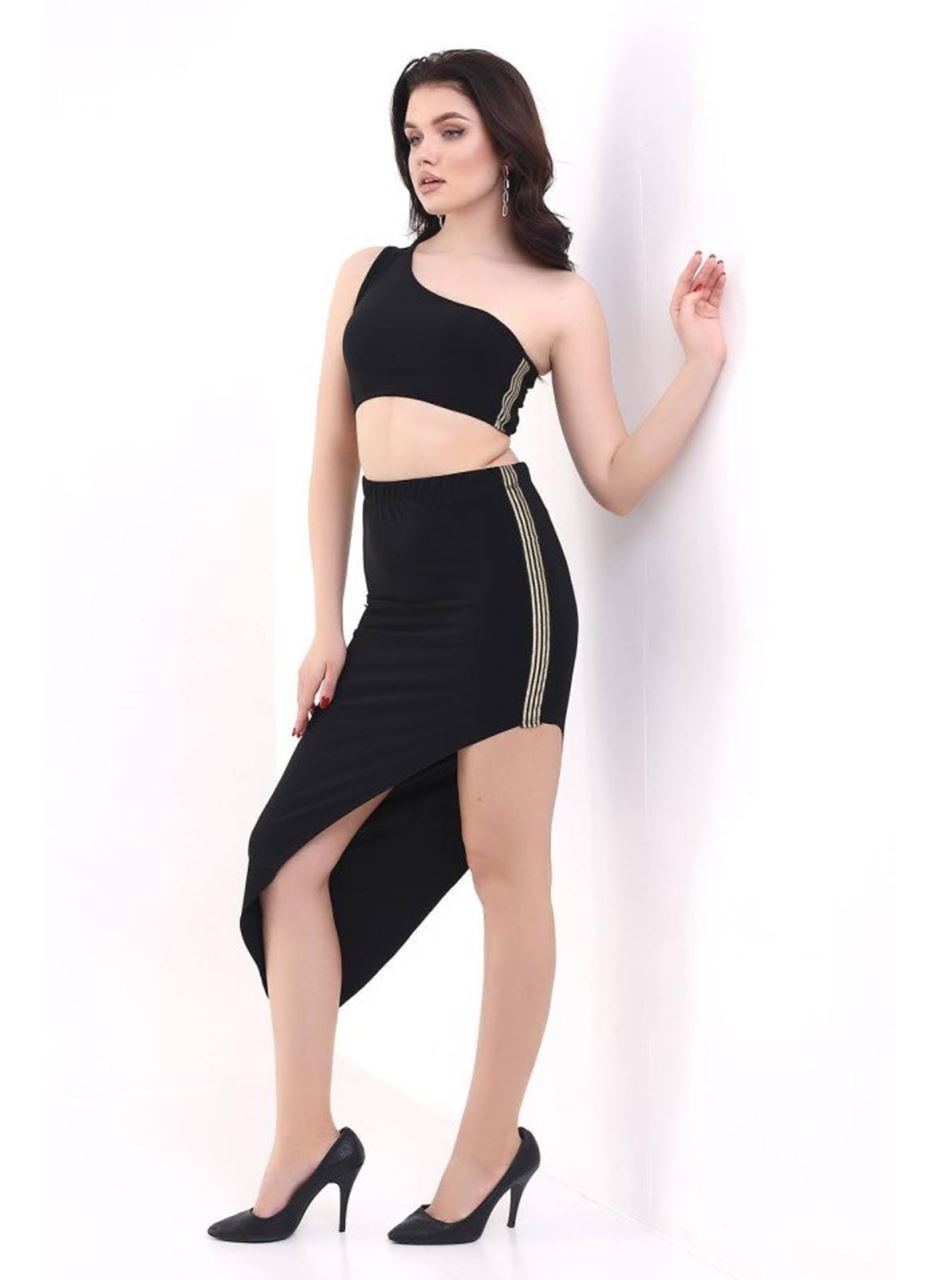 Kadın Tek Omuzlu Asimetrik Etek Şerit Detaylı Fırsat Ürün Sandy Kumaş İkili Takım