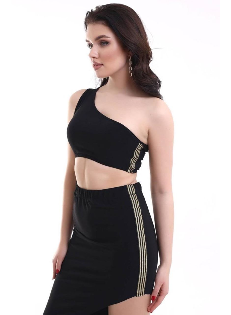 Kadın Tek Omuzlu Asimetrik Etek Şerit Detaylı Fırsat Ürün Sandy Kumaş İkili Takım