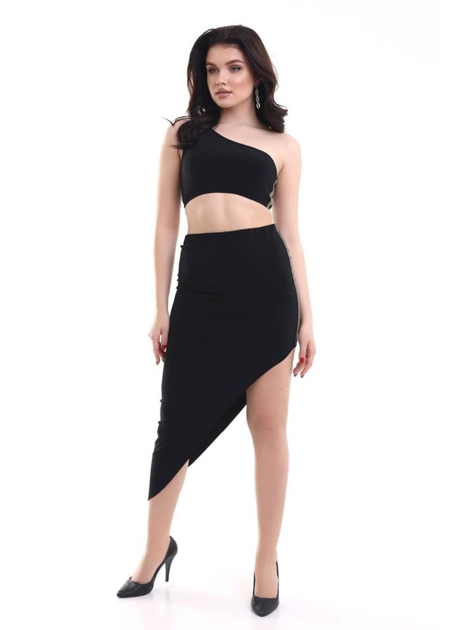 Kadın Tek Omuzlu Asimetrik Etek Şerit Detaylı Fırsat Ürün Sandy Kumaş İkili Takım