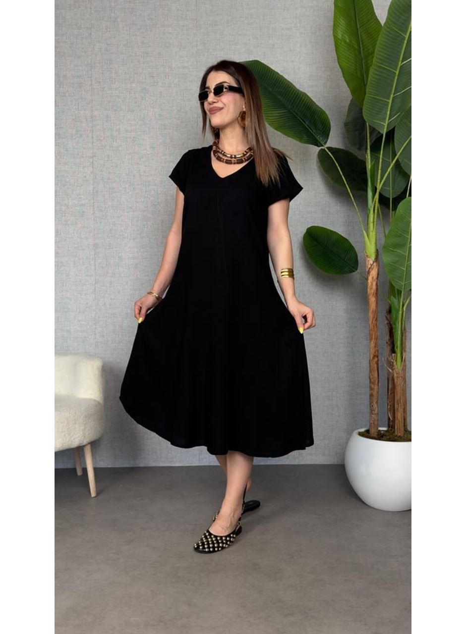 Kadın Kısa Kollu V Yaka Salaş Maxi Boy Elbise