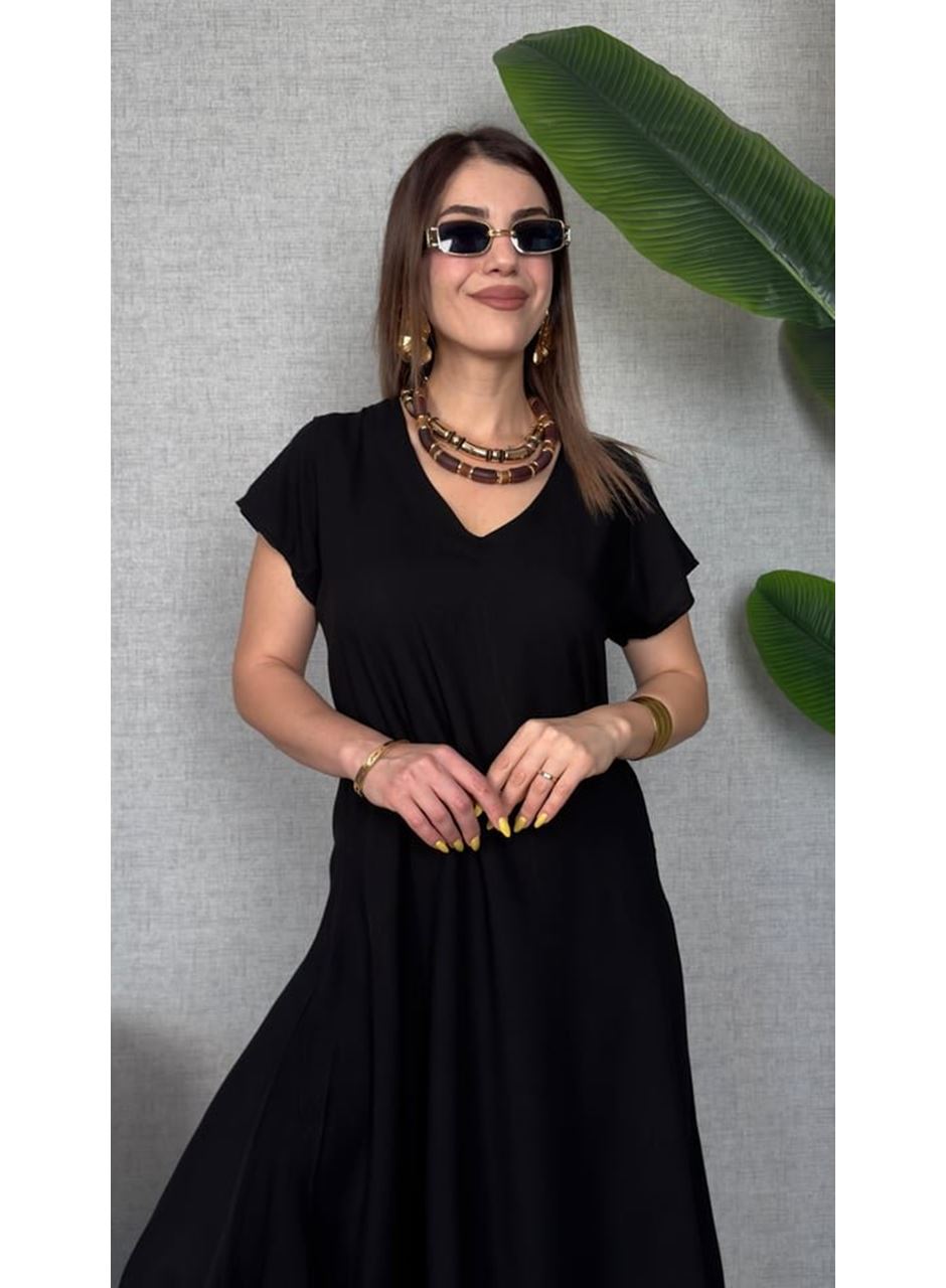 Kadın Kısa Kollu V Yaka Salaş Maxi Boy Elbise