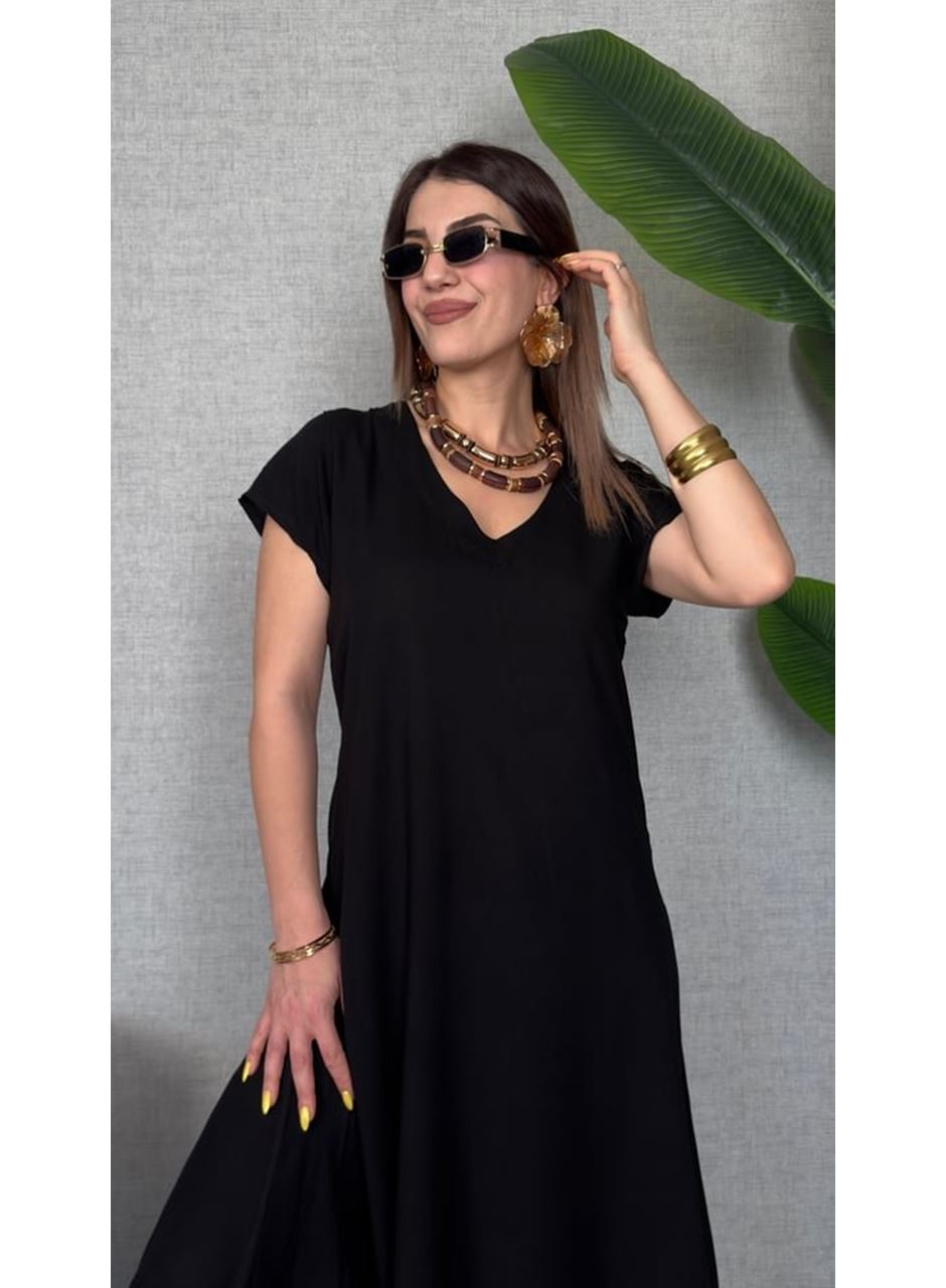 Kadın Kısa Kollu V Yaka Salaş Maxi Boy Elbise