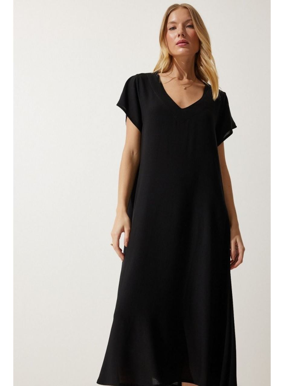 Kadın Kısa Kollu V Yaka Salaş Maxi Boy Elbise