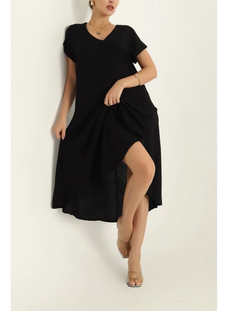 Kadın Kısa Kollu V Yaka Salaş Maxi Boy Elbise