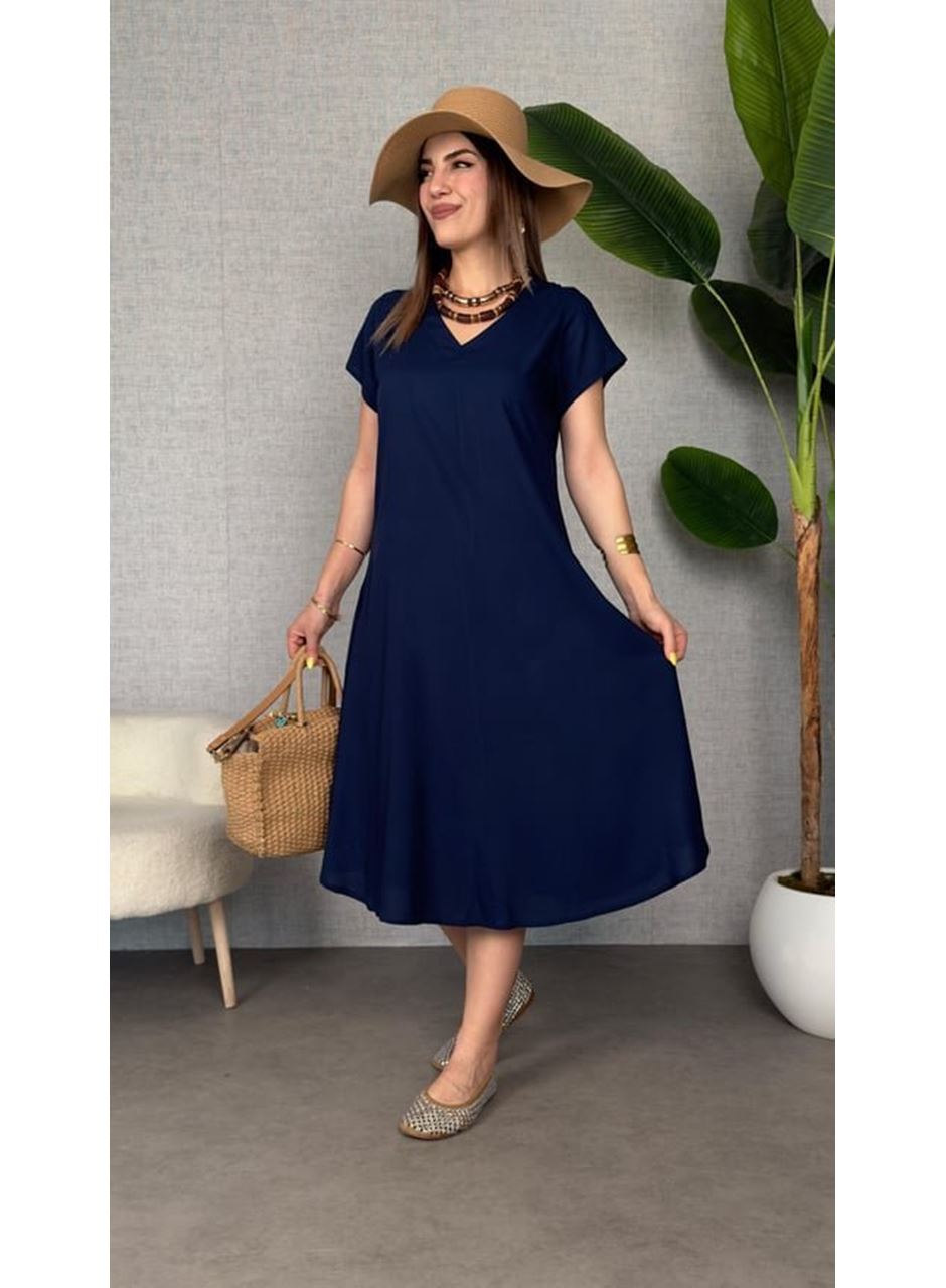 Kadın Kısa Kollu V Yaka Salaş Maxi Boy Elbise