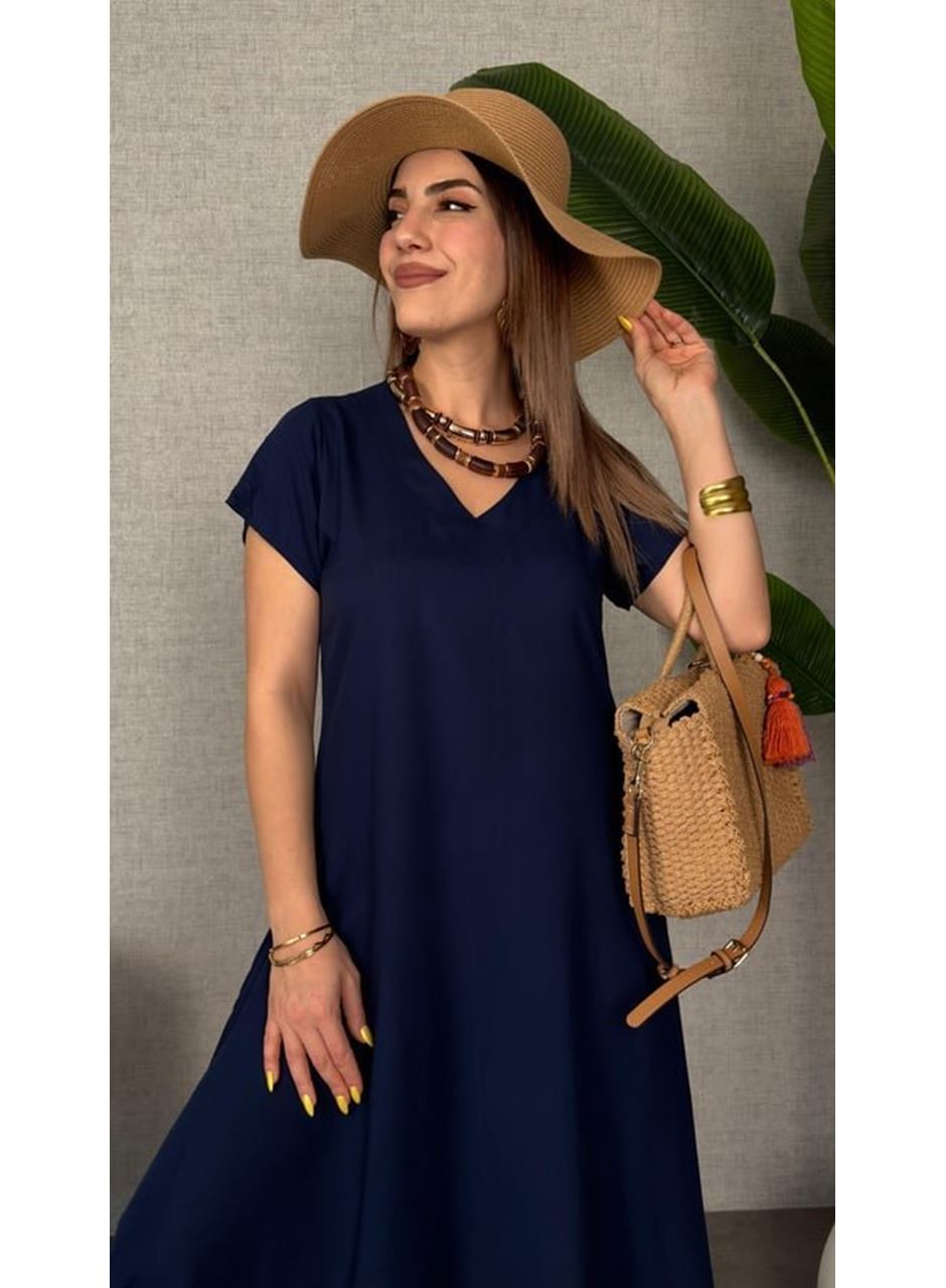 Kadın Kısa Kollu V Yaka Salaş Maxi Boy Elbise