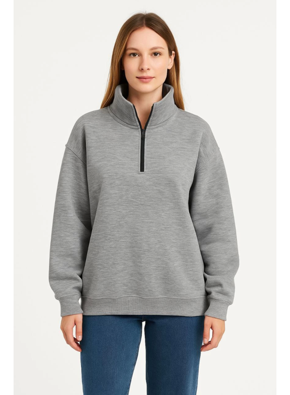 Üç İplik Dık Yaka Yarım Fermuarlı SweatShirt - Gri