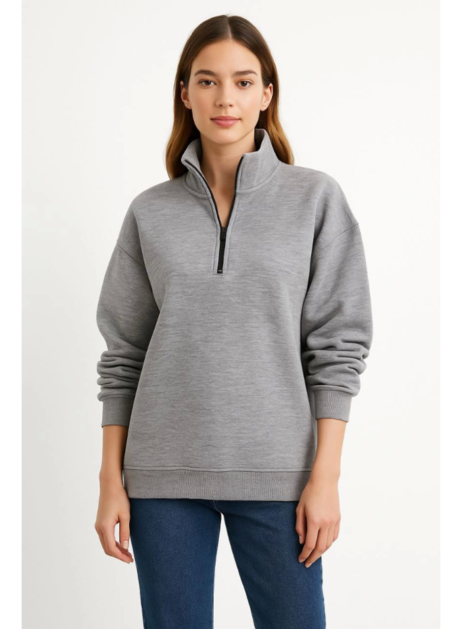 Üç İplik Dık Yaka Yarım Fermuarlı SweatShirt - Gri