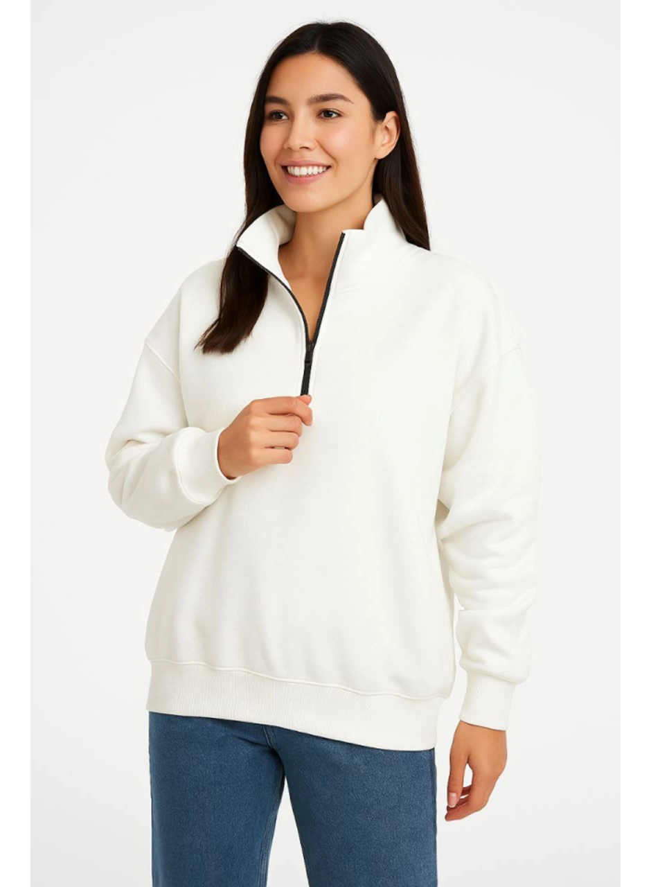 Üç İplik Dık Yaka Yarım Fermuarlı SweatShirt - Beyaz