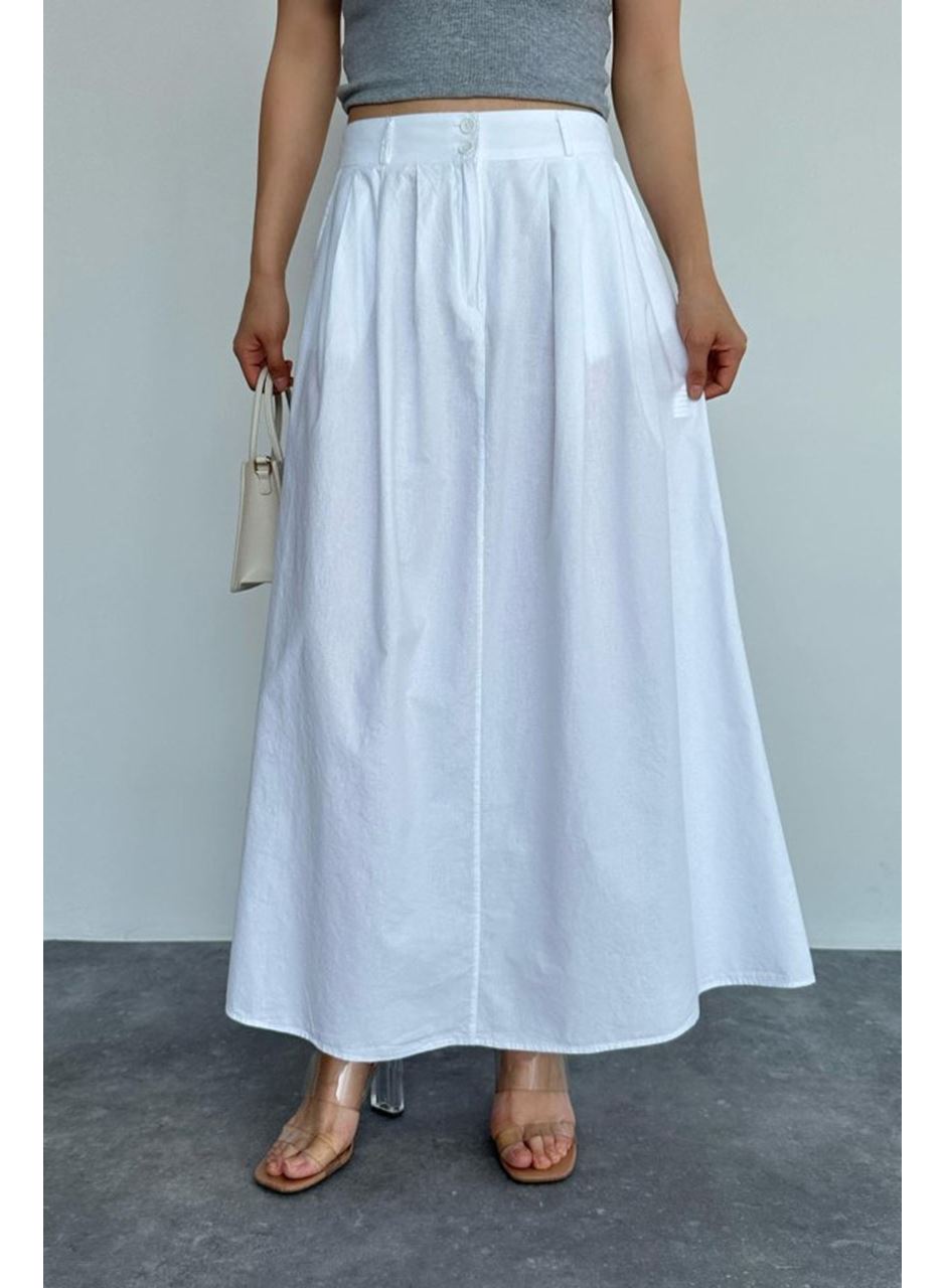 İnce Pileli Düz Etek - Beyaz