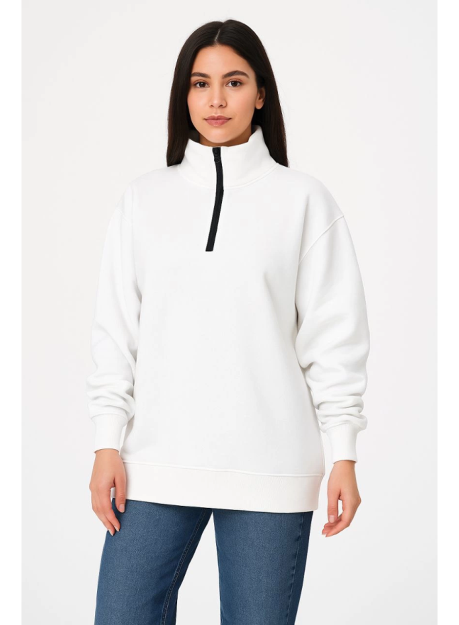 Üç İplik Dık Yaka Yarım Fermuarlı SweatShirt - Beyaz