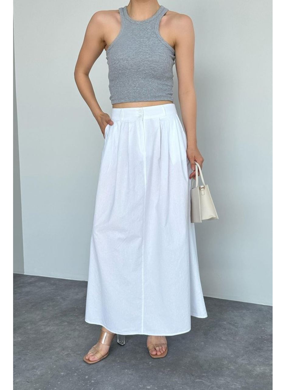 İnce Pileli Düz Etek - Beyaz