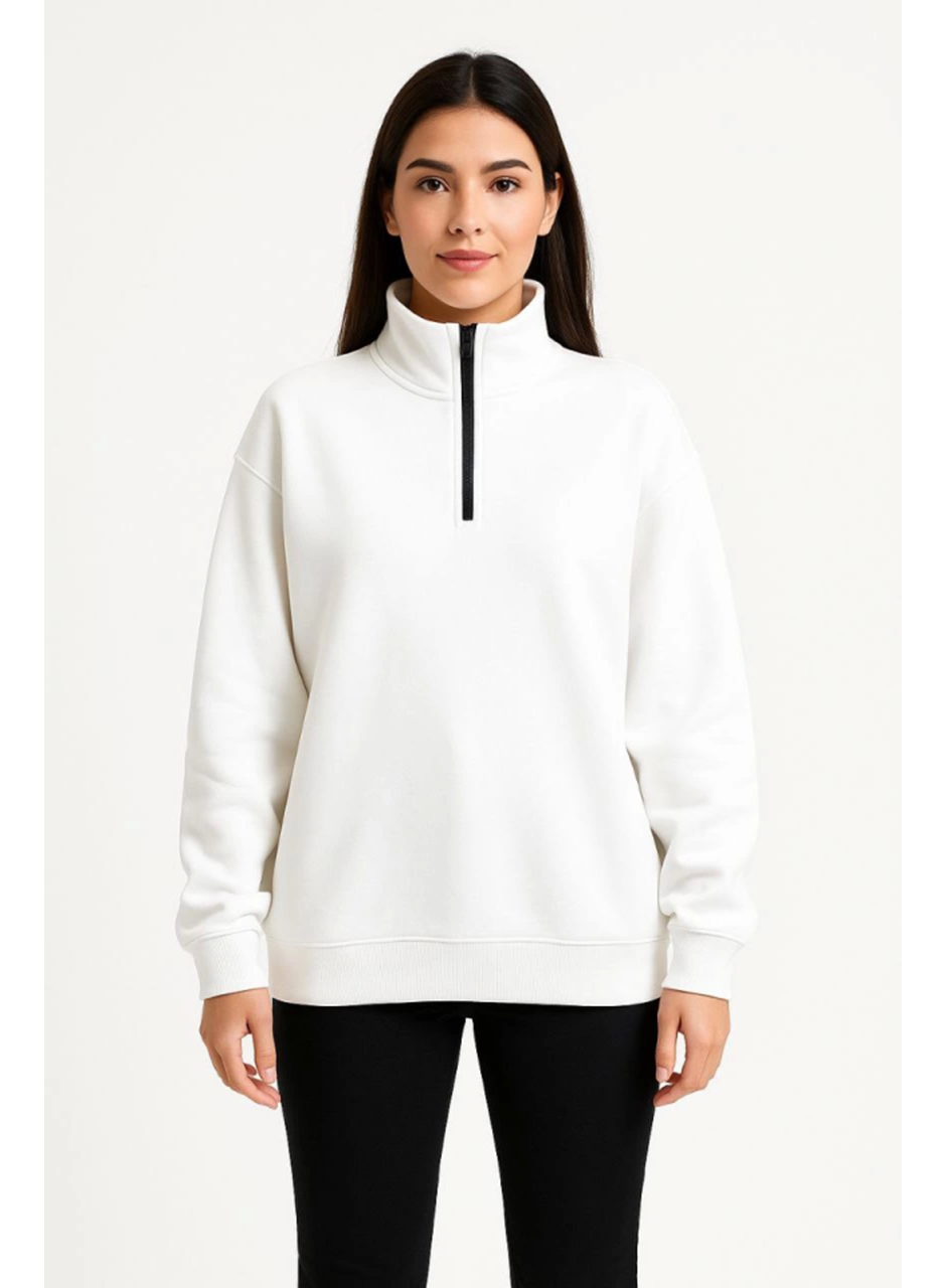 Üç İplik Dık Yaka Yarım Fermuarlı SweatShirt - Beyaz