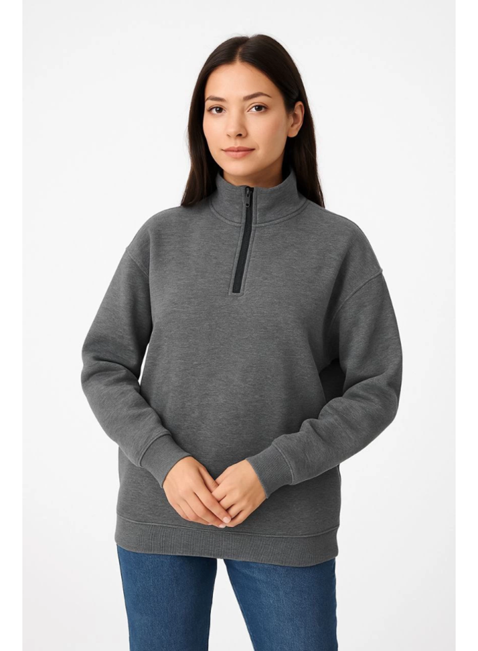 Üç İplik Dık Yaka Yarım Fermuarlı SweatShirt - Antrasit