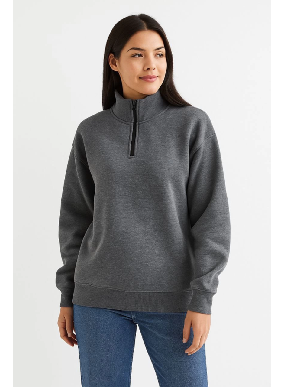 Üç İplik Dık Yaka Yarım Fermuarlı SweatShirt - Antrasit