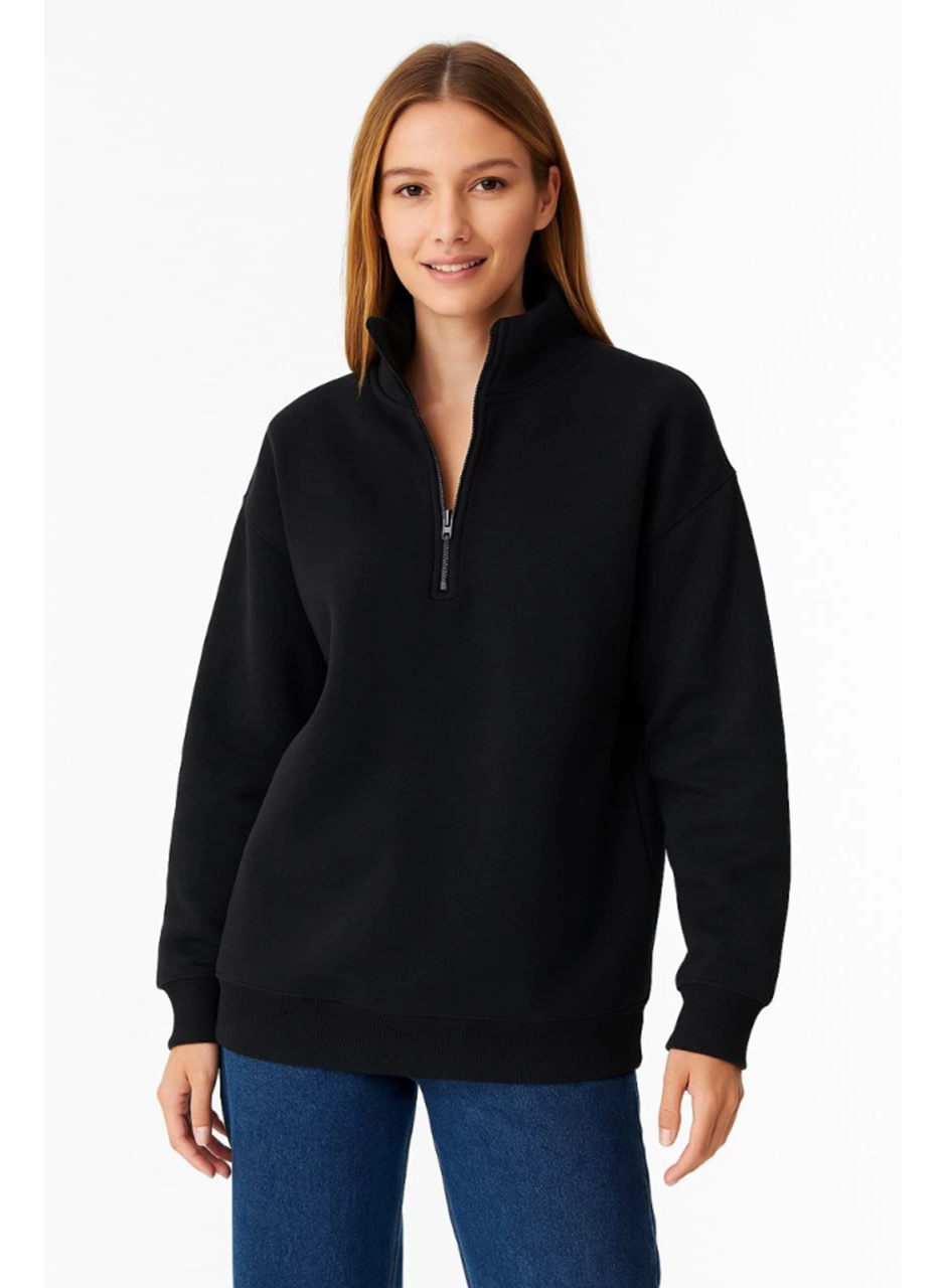 Üç İplik Dık Yaka Yarım Fermuarlı SweatShirt - Siyah