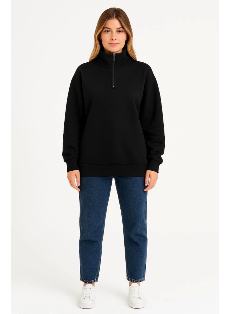 Üç İplik Dık Yaka Yarım Fermuarlı SweatShirt - Siyah