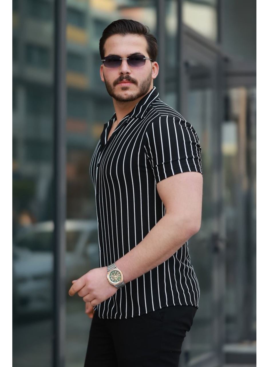 Erkek Kısa Kollu Beyaz çizgi Desenli örme Kumaş Pamuklu Gömlek