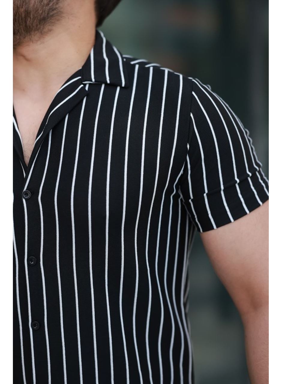 Erkek Kısa Kollu Beyaz çizgi Desenli örme Kumaş Pamuklu Gömlek