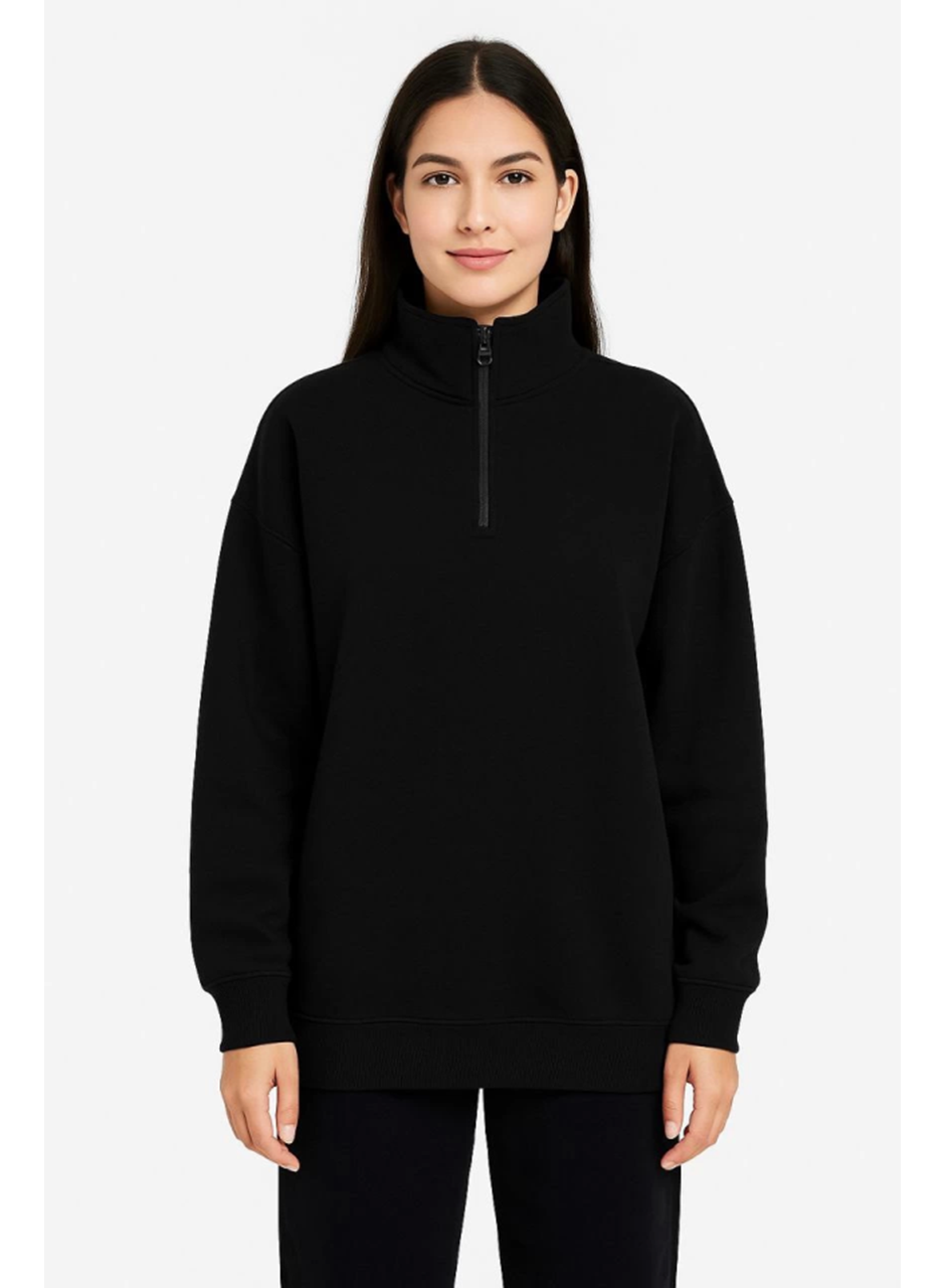 Üç İplik Dık Yaka Yarım Fermuarlı SweatShirt - Siyah