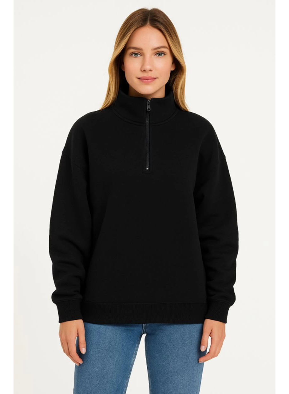 Üç İplik Dık Yaka Yarım Fermuarlı SweatShirt - Siyah